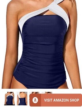 Navy and White One-Shoulder Women’s Tankini Swim Top